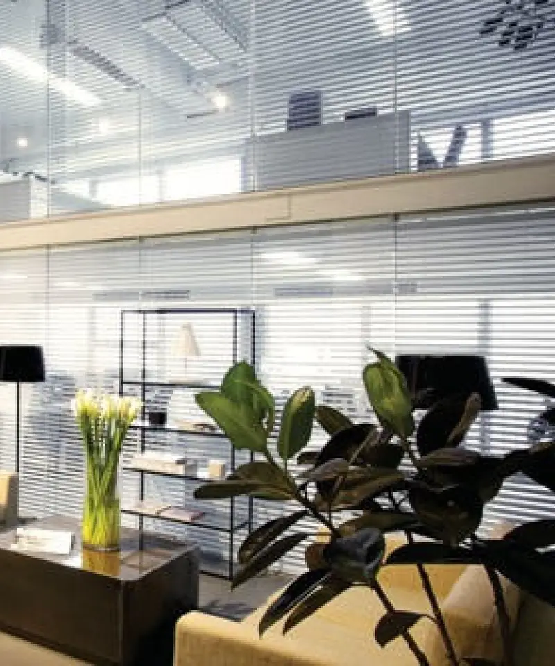 Ambiente com persianas horizontais de alumínio ao fundo, estante, planta de folhas grandes e sofá em primeiro plano.